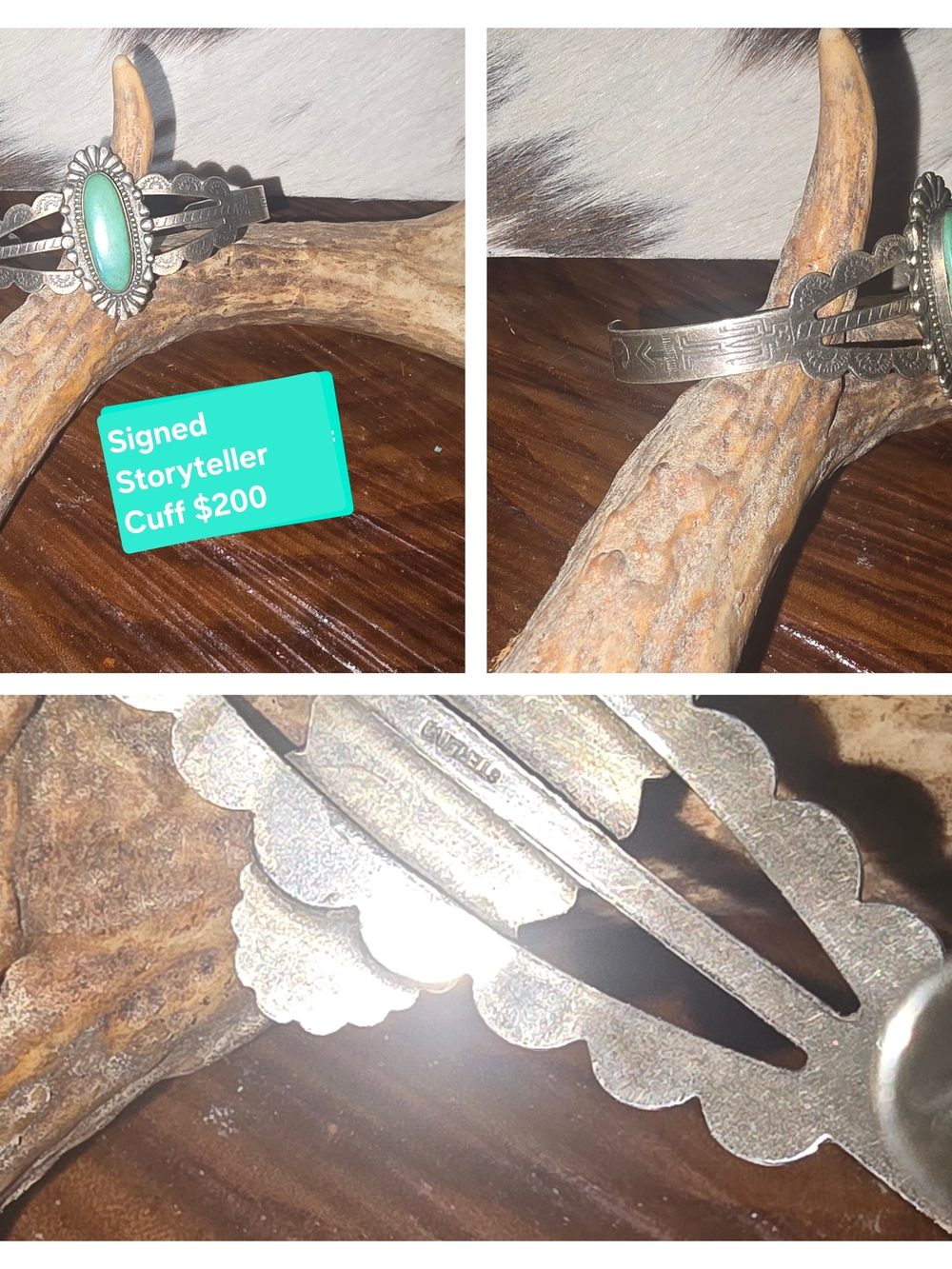 Signed Storyteller Turquoise Navajo Cuff Bracelet